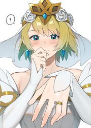  blonde_hair blue_eyes blue_hair blush commentary_request crown dress earrings female fire_emblem fire_emblem_heroes fjorm_(bridal)_(fire_emblem) fjorm_(fire_emblem) gradient_hair hair_ornament highres jewelry kyufe looking_at_viewer multicolored_hair ring short_hair simple_background smile solo wedding_dress 