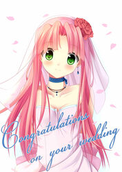  absurdres aria_(manga) bananatsukis blue_ribbon bridal_veil collarbone commentary_request congratulations dress earrings female flower green_eyes hair_flower hair_ornament highres jewelry long_hair looking_at_viewer mizunashi_akari neck_ribbon necklace pink_hair red_flower ribbon solo strapless strapless_dress transparent veil very_long_hair wedding_dress white_dress 