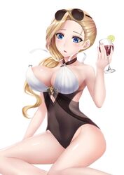  :o alcohol areola_slip azur_lane blonde_hair blue_eyes blush breasts cleavage commentary_request cup drinking_glass eyewear_on_head female food fruit hair_over_shoulder highres holding holding_cup hood_(azur_lane) hood_(lady_of_the_shining_sun)_(azur_lane) large_breasts lemon lemon_slice long_hair official_alternate_costume one-piece_swimsuit ponytail sakuya_(liao_kj) simple_background sitting solo strap_break sunglasses swimsuit wardrobe_malfunction white_background wine wine_glass 