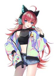  :p ahoge animal_ear_headphones animal_ears axent_wear badge bang_dream! bare_shoulders belt black_shirt blue_eyes breasts button_badge candy cat_ear_headphones commentary_request cowboy_shot crop_top denim denim_shorts fake_animal_ears female food hand_in_pocket headphones highres holding holding_candy holding_food holding_lollipop jacket lollipop long_hair long_sleeves looking_at_viewer midriff nurumi_p off_shoulder open_clothes open_jacket paw_print red_hair shirt short_shorts shorts simple_background sleeveless sleeveless_shirt small_breasts solo tamade_chiyu textless_version thighs tongue tongue_out v-shaped_eyebrows very_long_hair white_background 