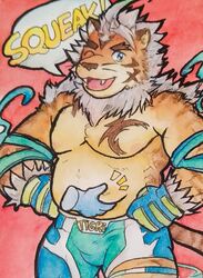  2019 anthro belly bottomwear clothing english_text felid felixleong hi_res hombre_tigre_(tas) humanoid_hands lifewonders male mammal moobs one_eye_closed overweight overweight_anthro overweight_male pantherine red_background shorts simple_background solo text tiger tokyo_afterschool_summoners wink 