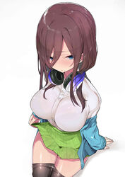  :o absurdres arm_support asymmetrical_bangs blue_cardigan blue_eyes blush bra_visible_through_clothes breasts brown_hair cardigan clothes_lift clothes_pull collared_shirt commentary female go-toubun_no_hanayome green_skirt hair_over_breasts half-closed_eyes headphones headphones_around_neck highres large_breasts lifting_own_clothes light_frown long_hair long_sleeves looking_at_viewer looking_up mitsudoue nakano_miku nose_blush off_shoulder pantyhose pantyhose_pull parted_lips pleated_skirt school_uniform see-through shirt sidelocks simple_background sitting skirt skirt_lift solo unworn_cardigan white_background white_shirt 