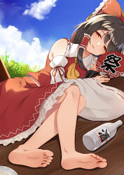  alcohol arm_ribbon ascot bare_shoulders barefoot black_hair blue_sky bottle bow cloud commentary day detached_sleeves feet female flan_(seeyouflan) foot_focus foreshortening frilled_bow frilled_shirt_collar frills grass hair_tubes hairbow hakurei_reimu half-closed_eyes hand_fan hand_fan_writing highres holding holding_fan long_hair looking_at_viewer lying on_side outdoors paper_fan parted_lips petticoat photoshop_(medium) red_bow red_eyes red_ribbon red_skirt ribbon ribbon-trimmed_sleeves ribbon_trim sake sake_bottle sidelocks skirt skirt_set sky soles solo toes touhou translated uchiwa wooden_floor yellow_ascot 