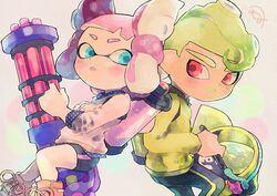  1boy :d bike_shorts black_pants blue_eyes commentary_request drawstring female green_hair heavy_splatling_(splatoon) ink_tank_(splatoon) inkling inkling_girl inkling_player_character kirikuchi_riku long_sleeves looking_at_another mohawk octoling octoling_boy octoling_player_character oerba_yun_fang open_mouth pants pink_footwear pink_hair pointy_ears polka_dot red_eyes shoelaces short_hair single_vertical_stripe sleeves_past_elbows slosher_(splatoon) smile splatoon_(series) splatoon_2 suction_cups 