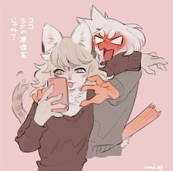  2019 avian bebebebebe bird-chan_(bebebebebe) blush bodily_fluids cat-chan_(bebebebebe) claws digital_media_(artwork) duo electronics embarrassed felid feline fur hair holding_object japanese_text mammal open_mouth phone simple_background smile sweat text translation_request 