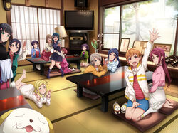  6+girls :d ^_^ absurdres ahoge arm_up barefoot black_hair black_shirt blue_hair blue_jacket blue_skirt blunt_bangs blush braid canine closed_eyes commentary_request crown_braid cushion day double_w dvd_player elbows_on_table flower foot_up glasses green_jacket grey_hair hair_ribbon hair_rings half_updo headpat highres hood hood_down hooded_jacket hug hug_from_behind indoors jacket kazuno_leah kazuno_sarah kneehighs kneeling kougi_hiroshi kunikida_hanamaru kurosawa_dia kurosawa_ruby lamp long_hair looking_at_viewer love_live! love_live!_sunshine!! love_live!_sunshine!!_the_school_idol_movie_over_the_rainbow lying making-of_available matsuura_kanan medium_skirt miniskirt multiple_girls no_shoes ohara_mari on_stomach open_mouth orange_hair picture_frame pink_jacket pink_shirt puppy purple_hair raglan_sleeves red_eyes red_hair red_shirt ribbon sakurauchi_riko seiza shiitake_(love_live!_sunshine!!) shirt side_ponytail sitting skirt smile socks speaker spoilers standing striped_clothes striped_shirt striped_socks sweatdrop table takami_chika tatami television tree tsushima_yoshiko twintails vase w watanabe_tsuki watanabe_you waving white_jacket white_legwear white_skirt window 