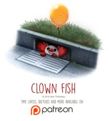  2016 ambiguous_gender balloon beady_eyes black_eyes clown clownfish digital_media_(artwork) digital_painting_(artwork) english_text feral fish grass grin hair holding_balloon holding_object humor inflatable it_(stephen_king) marine pennywise_the_dancing_clown piper_thibodeau plant pomacentrid pun red_hair scales smile solo stephen_king_(copyright) storm_drain teeth text visual_pun white_body white_scales 