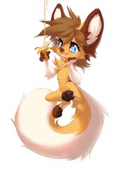  2019 4_fingers anthro banana brown_body brown_fur brown_hair canid canine digital_media_(artwork) eyelashes female fennec_fox fingers food fox fruit fur hair hi_res ladonbkokosa magenta_(magenta7) mammal plant simple_background smile solo starry_eyes true_fox white_background yellow_body yellow_fur 