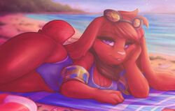  2019 anthro chest_tuft clothing detailed_background digital_media_(artwork) dimwitdog eyewear female hair hi-rez_studios hi_res lagomorph leporid long_ears looking_at_viewer lying mammal moji_(paladins) one-piece_swimsuit outside paladins_(game) pink_nose rabbit signature solo swimwear tuft water 