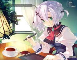  amami_mikihiro bad_source book character_name christina_balcuhorn curtains english_text female kuusen_madoushi_kouhosei_no_kyoukan lamp novel_illustration official_art plant purple_hair resized school_uniform solo stylus tablet_pc tea upscaled window 