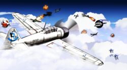  a6m_zero ace_combat ace_combat_04 aerial_battle aircraft airplane artist_request battle blue_sky cloud day dogfight enemy_aircraft_(kancolle) f4u_corsair f6f_hellcat highres kantai_collection mobius_1 no_humans outdoors sky source_request vehicle_focus 