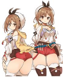  atelier_(series) atelier_ryza atelier_ryza_1 belt beret blush breasts brown_eyes brown_hair cleavage closed_mouth commentary_request female flask hair_ornament hairclip hat jewelry multiple_views murakami_meishi necklace pouch red_shorts reisalin_stout ribbon round-bottom_flask shirt short_shorts shorts simple_background smile star_(symbol) star_necklace thighhighs thighs vial white_background 