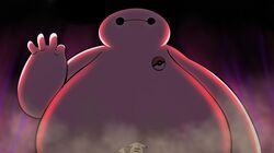  baymax big_hero_6 commentary ddddndn dust_cloud dynamax gameplay_mechanics giant no_humans pikachu poke_ball pokemon pokemon_(creature) pun size_difference sweatdrop tail waving 