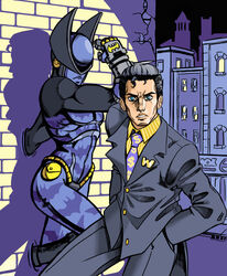  bat batman_(series) black_hair blue_eyes brick_wall bruce_wayne building business_suit dc_comics dollar_sign formal guilhermerm highres jojo_no_kimyou_na_bouken looking_at_viewer necktie parody purple_neckwear shadow shirt spotlight stand suit yellow_shirt 