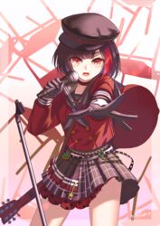  bang_dream! black_gloves black_hair black_headwear black_neckerchief black_skirt bob_cut buttons chair choker commentary_request cosplay double-breasted female gloves guitar holding holding_microphone instrument instrument_on_back long_sleeves looking_at_viewer lost_one_no_goukoku_(vocaloid) microphone microphone_stand miniskirt mitake_ran neckerchief open_mouth plaid plaid_skirt pleated_skirt red_eyes red_hair red_shirt ruda_(ruda_e) school_chair school_uniform serafuku shirt short_hair signature skirt solo star_(symbol) star_print strap v-shaped_eyebrows 