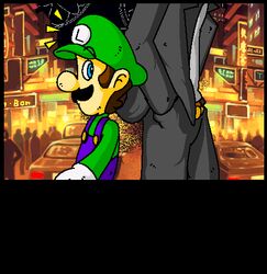  2boys blue_eyes building buildings cap car city facial_hair formal gloves hand_in_pocket hat lights looking_back lowres luigi male male_focus mario_(series) motor_vehicle moustache multiple_boys night nintendo people president_koopa suit super_mario_bros. super_mario_bros._(film) suspenders vehicle 