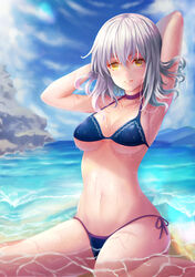  arms_behind_head bikini blue_bikini blush breasts cleavage collarbone commentary_request faker_(pili524) fate/grand_order fate_(series) female highres jeanne_d&#039;arc_alter_(avenger)_(fate) jeanne_d&#039;arc_alter_(fate) large_breasts looking_at_viewer navel outdoors parted_lips photoshop_(medium) sitting smile solo swimsuit teeth wariza water_drop wet white_hair yellow_eyes 