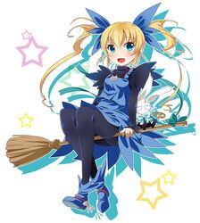  bad_id bad_pixiv_id black_pantyhose blonde_hair blue_eyes blue_skirt blush broom broom_riding commentary creature female full_body gunbird hair_ribbon jewelry long_hair marion necklace pantyhose pomupomu ratryu ribbon shoes skirt smile solo star_(symbol) twintails white_background 