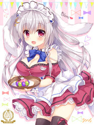  :d ameto_yuki animal_ears apron bare_shoulders black_thighhighs blanc_(ameto_yuki) blush breasts circle_name cleavage commentary_request crescent crescent_hair_ornament detached_collar dress female frilled_apron frills grey_hair hair_between_eyes hair_ornament heart holding holding_tray large_breasts long_hair looking_at_viewer maid maid_headdress open_mouth original pennant purple_dress purple_eyes rabbit_ears sidelocks smile solo striped striped_background tareme thighhighs tray vertical_stripes waist_apron 