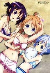  3girls absurdres arm_up bikini blue_bikini blue_hair blush breasts cleavage collarbone copyright_name flower food food-themed_hair_ornament frilled_bikini frills fruit gochuumon_wa_usagi_desu_ka? hair_flower hair_ornament hairclip halterneck heart heart_hair_ornament highres holding_hands hoto_cocoa kafuu_chino lying magazine_scan medium_breasts megami_magazine multiple_girls navel official_art okuda_yousuke on_back on_side open_mouth orange_hair pink_bikini purple_bikini purple_hair scan scrunchie smile strap_gap sweat swimsuit tedeza_rize tippy_(gochiusa) watermark watermelon watermelon_hair_ornament 