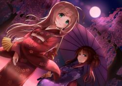  2girls ahoge backlighting blonde_hair blush bow brown_eyes brown_hair cherry_blossoms closed_mouth commentary_request crossed_arms dutch_angle floral_print folding_fan full_moon green_eyes hair_ornament hairbow hand_fan highres idolmaster idolmaster_cinderella_girls japanese_clothes kimono long_hair long_sleeves looking_at_viewer mifune_miyu moon moonlight multiple_girls night night_sky obi oil-paper_umbrella outdoors paper_fan parasol purple_kimono red_kimono red_moon sash sato_shin side_ponytail sidelocks sky smile standing tree umbrella wide_sleeves yoi_otome_(idolmaster) yokohata 