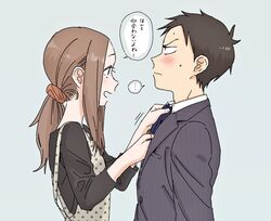  1boy adjusting_another&#039;s_clothes adjusting_clothes adjusting_necktie aged_up apron bad_id bad_twitter_id blue_background blush brown_hair couple dressing_another female forehead formal highres husband_and_wife karakai_jouzu_no_(moto)_takagi-san karakai_jouzu_no_takagi-san necktie nishikata polka_dot polka_dot_apron ponytail shishamo_(abc_shishamo) simple_background straight suit takagi-san translated upper_body 