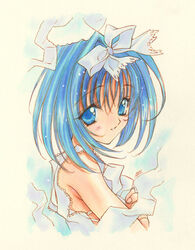  1990s_(style) asuka_120_percent blue_eyes blue_hair blush bow female hairbow honda_asuka nanase_aoi official_art retro_artstyle ribbon short_hair smile solo 