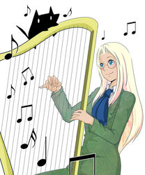  alternate_form alucard_(hellsing) ascot bad_id bad_pixiv_id blonde_hair blue_eyes blush dress female glasses green_dress harp hellsing instrument integra_hellsing long_hair musical_note smile solo yagami_otoya 