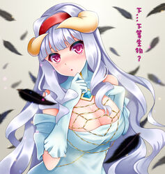  albedo_(overlord) albedo_(overlord)_(cosplay) blush breasts cleavage commentary_request cosplay elbow_gloves eyebrows faker_(pili524) feathers female gloves hairband hara_yumi highres horns idolmaster idolmaster_(classic) large_breasts long_hair looking_at_viewer overlord_(maruyama) parted_lips photoshop_(medium) pink_eyes shijou_takane solo translation_request upper_body voice_actor_connection white_gloves white_hair 