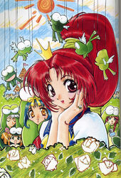  1990s_(style) 5girls animal_costume asuka_120_percent blue_hair blue_sailor_collar blush bow brown_eyes brown_hair crown embarrassed flower frog frog_costume gold_crown hands_on_own_cheeks hands_on_own_face high_ponytail honda_asuka houjou_torami ishida_atsuko jewelry long_hair microphone multiple_girls official_art ponytail red_eyes red_hair retro_artstyle ring sailor_collar scan school_uniform serafuku shindou_tamaki short_hair smile suzuki_megumi toyota_karina white_hair yellow_bow 