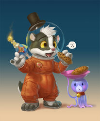  2014 alien anthro badger bell big_eyes blush brok_(confuzzled) chibi clothing collar confuzzled cookie digital_media_(artwork) digital_painting_(artwork) duo food frown hat headgear headwear male mammal mustelid musteline ranged_weapon raygun retrofuturism sad silverfox5213 spacesuit top_hat weapon yellow_sclera young young_anthro 