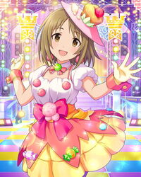  bow brown_eyes brown_hair checkered_floor dress female gloves hat idolmaster idolmaster_cinderella_girls lens_flare looking_at_viewer mimura_kanako official_art open_mouth short_hair solo sparkle stage stage_lights sweet2_happy_(idolmaster) wrist_cuffs 