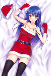  bare_shoulders belt black_thighhighs blue_hair blush breasts brown_eyes christmas cleavage collarbone commentary_request eyebrows faker_(pili524) female gloves hat highres large_breasts long_hair looking_at_viewer love_live! love_live!_school_idol_project lying on_back parted_lips photoshop_(medium) red_gloves red_hat santa_costume santa_hat solo sonoda_umi thighhighs unworn_hat unworn_headwear 