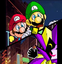  ^_^ blue_eyes brothers building buildings cap city closed_eyes dimentio facial_hair gloves hat hats jester lights lowres luigi male male_focus mario moustache multiple_boys night nintendo open_mouth paper_mario shocked siblings smile split_screen star super_mario_bros. super_paper_mario surprised suspenders 