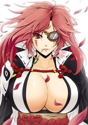  artist_name backlighting baiken breasts cleavage commentary_request eyepatch female guilty_gear guilty_gear_xrd hair_down highres huge_breasts jacket jacket_on_shoulders japanese_clothes kimono long_hair looking_at_viewer mouth_hold obi one-eyed petals red_eyes red_hair sash scar scar_across_eye scar_on_face solo stalk_in_mouth upper_body vermillion_dice 