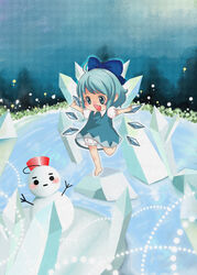  :d bad_id bad_pixiv_id barefoot bloomers blue_eyes blue_hair cirno female happy highres ice lolicon open_mouth photoshop_(medium) smile snowman solo touhou underwear winter yagami_otoya 