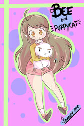  :o absurdres ahoge animal artist_name bee bee_(bee_and_puppycat) bee_and_puppycat brown_eyes brown_hair bug commentary_request copyright_name female highres holding holding_animal long_hair outline puppycat samantha_niz shorts 