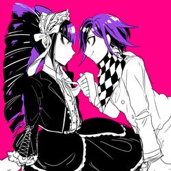  1boy buttons celestia_ludenberck checkered_scarf couple danganronpa danganronpa_1 dress female headdress jacket long_hair matching_hair/eyes new_danganronpa_v3 ouma_kokichi pants purple_eyes purple_hair scarf shirt short_hair smile straitjacket tied_hair 