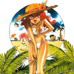  1990s_(style) 1998 3boys 4girls :d bakuretsu_hunters bare_legs bikini bracelet carrot_glace chibi chocolate_misu daughter_(bakuretsu_hunters) flying gateau_mocha hat jewelry kanure_stella leaning long_hair marron_glace multicolored_umbrella multiple_boys multiple_girls necklace official_art omishi_rei open_mouth palm_tree red_eyes red_hair retro_artstyle smile summer sun_hat swimsuit tira_misu tree umbrella 