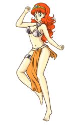  :d alternate_costume barefoot bikini bikini_top_only breasts choker commentary_request dancer dancer&#039;s_costume_(dq) dragon_quest dragon_quest_i earrings female full_body green_eyes highres jewelry leg_up loincloth long_hair metal_bra open_mouth orange_hair princess princess_laura professormegaman smile solo swimsuit thigh_strap tiara transparent_background 