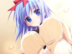  blue_eyes blue_hair blush breasts game_cg miyoshi_ran nimura_yuushi osananajimi_wa_daitouryou ribbons short_hair 