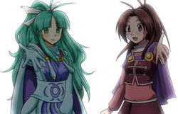  2girls ahoge blue_eyes blue_hair cape commentary_request golden_sun jenna_(golden_sun) long_hair mia_(golden_sun) multiple_girls photoshop_(medium) purple_hair velkia 