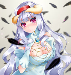  albedo_(overlord) albedo_(overlord)_(cosplay) blush breasts cleavage commentary_request cosplay elbow_gloves eyebrows faker_(pili524) feathers female gloves hairband hara_yumi highres horns idolmaster idolmaster_(classic) large_breasts long_hair looking_at_viewer overlord_(maruyama) parted_lips photoshop_(medium) pink_eyes shijou_takane solo upper_body voice_actor_connection white_gloves white_hair 