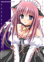  animal_ears bell breasts cat_ears cleavage french_maid long_hair maid nekochikage pink_hair purple_eyes purple_hair ribbon tongue 