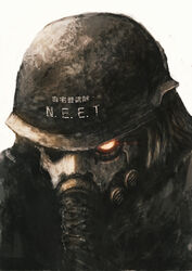  1boy blackball clothes_writing commentary_request gas_mask glowing glowing_eyes helmet highres home_security male_focus mask orange_eyes original photoshop_(medium) solo white_background 