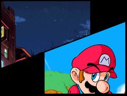  blue_eyes building buildings cap cloud clouds daylight facial_hair grass ground hat male male_focus mario mario_(series) moustache night nintendo outdoors outside solo split_screen star super_mario_bros. suspenders 