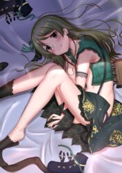  armband arms_between_legs bed_sheet between_legs black_footwear black_panties black_socks blush bow bow_earrings closed_mouth commentary_request curled_up earrings feet_out_of_frame female fetal_position floral_print from_above green_hair green_ribbons hair_ribbon hand_between_legs highres idolmaster idolmaster_cinderella_girls jewelry key key_necklace lace long_hair looking_at_viewer lying morikubo_nono navel necklace on_side panties ribbon rose_print shoes sleeveless sock_dangle socks solo sweatdrop underwear unworn_shoes vest wavy_mouth yellow_eyes yokohata 