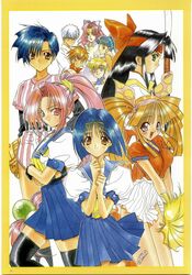  1990s_(style) 6+girls asuka_120_percent bandaid black_hair black_legwear blonde_hair blue_hair blue_sailor_collar bow brown_eyes brown_hair cathy_wild curly_sidelocks dark_blue_hair green_eyes headband high_ponytail honda_asuka houjou_torami long_hair low-tied_long_hair mitarai_kiyoko multiple_girls naginata nanase_aoi official_art ookubo_kumi owada_nana pink_eyes pink_hair polearm pom_pom_(cheerleading) ponytail purple_eyes retro_artstyle reverse_trap sailor_collar school_uniform serafuku shindou_tamaki short_hair skirt smile suzuki_megumi thighhighs toyota_karina twintails very_long_hair weapon white_hair yamazaki_ryuuko yellow_bow 