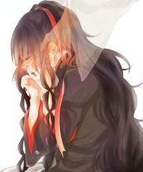  azami_(kagerou_project) black_hair commentary_request crying female hand_on_another&#039;s_cheek hand_on_another&#039;s_face kagerou_project kazemachidori long_hair ribbon sad scales solo_focus tears transparent tsukihiko_(kagerou_project) very_long_hair 