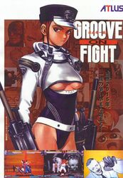  breasts copyright_name cowboy_shot female gouketsuji_ichizoku groove_on_fight highres leotard mechanical_arms medium_breasts murata_range official_art police police_uniform policewoman scan solis_r8000 solo underboob uniform 